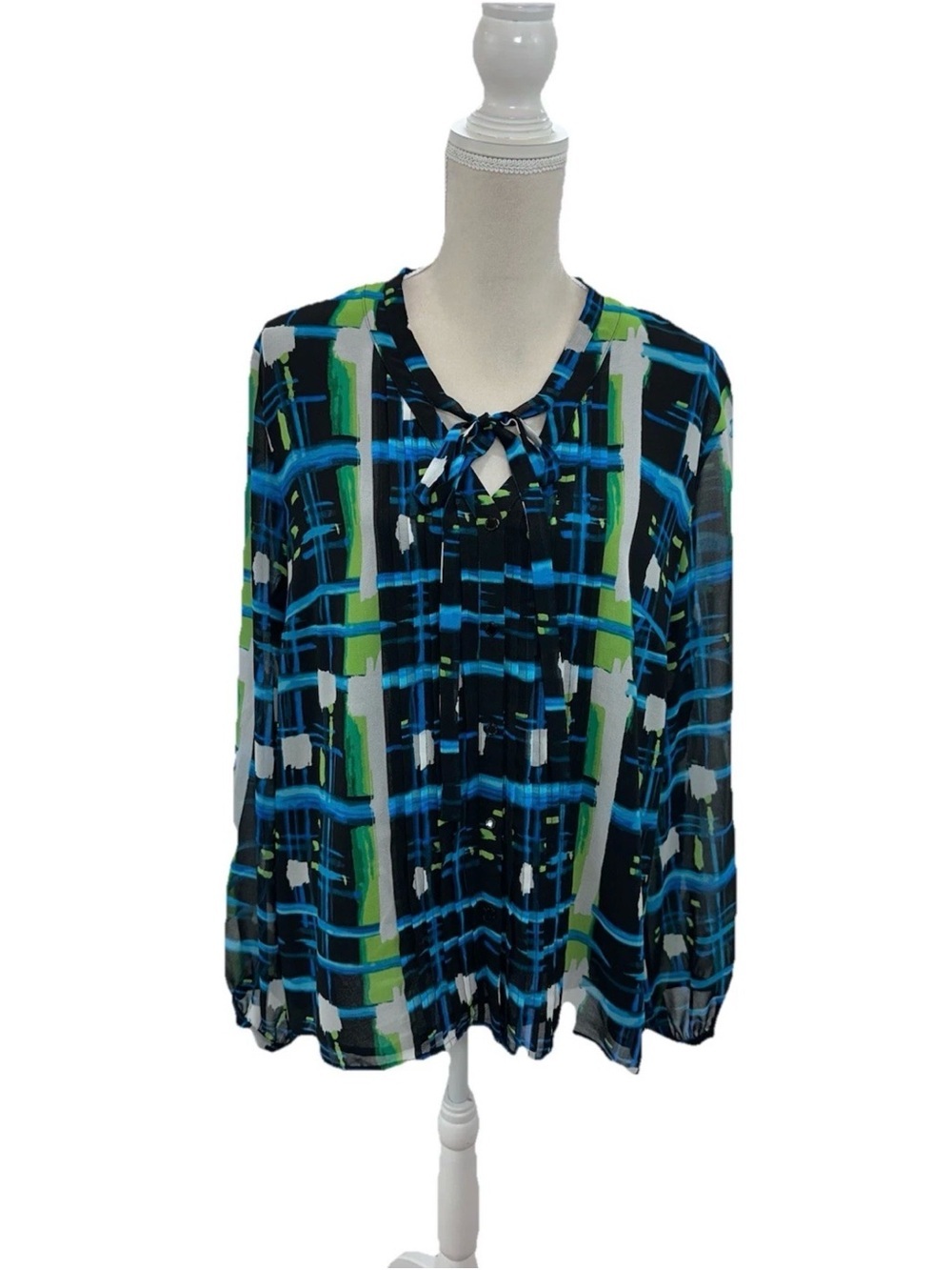 Karl Lagerfeld Abstract Plaid Tie-Neck Blouse - Blue, Green & White